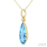 16X6 MM Evoque Gemstones Pear Shape Blue Topaz and 1/20 Ctw Round Cut Diamond Semi-Precious Pendant With Chain in 10K Yellow Gold