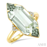 22X8 MM Evoque Gemstone Hexagon Shape Green Amethyst and 1/20 Ctw Round Cut Diamond Semi-Precious Ring in 14K Yellow Gold