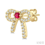 2MM Round Cut Ruby and 1/6 Ctw Round Cut Diamond Bow Petite Precious Fashion Earrings in 10K Yellow Gold