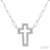 1/10 Ctw Round Cut Diamond Cross Pendant With Paperclip Chain in Sterling Silver