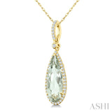 16X6 MM Evoque Gemstone Pear Shape Green Amethyst and 1/5 Ctw Round Cut Diamond Semi-Precious Pendant With Chain in 10K Yellow Gold