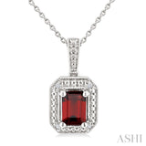 7X5 MM Octagon Shape Garnet and 1/50 Ctw Round Cut Diamond Semi-Precious Pendant With Chain in Sterling Silver