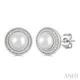6MM Cultured Pearl and 1/50 Ctw Round Cut Diamond Halo Earrings in Sterling Silver