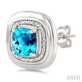 6 MM Cushion Shape Blue Topaz and 1/20 Ctw Round Cut Diamond Semi-Precious Earrings in Sterling Silver