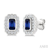 5X3 MM Octagon Shape Sapphire and 1/4 Ctw Round Cut Diamond Bold Precious Earrings in 10K White Gold
