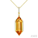 22X8 MM Evoque Gemstone Hexagon Shape Citrine and 1/6 Ctw Round Cut Diamond Semi-Precious Pendant With Chain in 14K Yellow Gold
