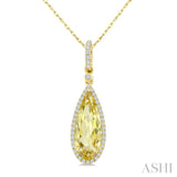 16X6 MM Evoque Gemstones Pear Shape Lemon Quartz and 1/5 Ctw Round Cut Diamond Semi-Precious Pendant With Chain in 10K Yellow Gold