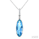 16X6 MM Evoque Gemstones Oval Shape Blue Topaz and 1/20 Ctw Round Cut Diamond Semi-Precious Pendant With Chain in 10K White Gold