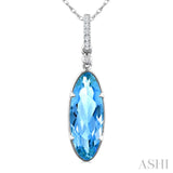 16X6 MM Evoque Gemstones Oval Shape Blue Topaz and 1/20 Ctw Round Cut Diamond Semi-Precious Pendant With Chain in 10K White Gold