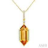 16X6 MM Evoque Gemstone Hexagon Shape Citrine and 1/10 Ctw Round Cut Diamond Semi-Precious Pendant With Chain in 10K Yellow Gold