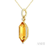 16X6 MM Evoque Gemstone Hexagon Shape Citrine and 1/10 Ctw Round Cut Diamond Semi-Precious Pendant With Chain in 10K Yellow Gold