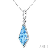 16X7 MM Evoque Gemstones Kite Shape Blue Topaz and 1/5 Ctw Round Cut Diamond Semi-Precious Pendant With Chain in 10K White Gold