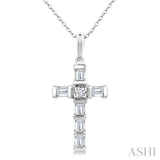 1/20 Ctw Baguette and Round Cut Diamond Cross Shape Fashion Pendant With Chain in 10K White Gold