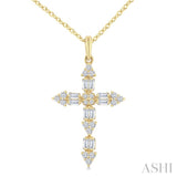 1/3 Ctw Baguette and Round Cut Diamond Geometric Cross Charm Fashion Pendant With Chain in 14K Yellow Gold