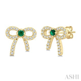 2MM Round Cut Emerald and 1/6 Ctw Round Cut Diamond Bow Petite Precious Fashion Earrings in 10K Yellow Gold