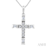 1/20 Ctw Baguette and Round Cut Diamond  Cross Shape Fashion Pendant With Chain in 10K White Gold