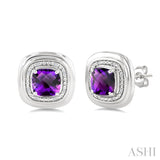6 MM Cushion Shape Amethyst and 1/20 Ctw Round Cut Diamond Bold Semi-Precious Earrings in Sterling Silver