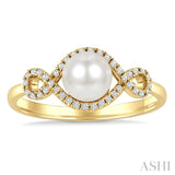 6 MM Cultured Pearl and 1/6 Ctw Round Cut Diamond  Petite Halo Ring in 10K Yellow Gold