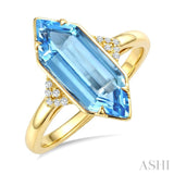 16X6 MM Evoque Gemstones Hexagon Shape Blue Topaz and 1/20 Ctw Round Cut Diamond Semi-Precious Ring in 10K Yellow Gold