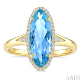 16X6 MM Evoque Gemstones Oval Shape Blue Topaz and 1/6 Ctw Round Cut Diamond Semi-Precious Ring in 10K Yellow Gold