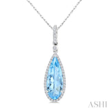 16X6 MM Evoque Gemstones Pear Shape Blue Topaz and 1/5 Ctw Round Cut Diamond Semi-Precious Pendant With Chain in 10K White Gold