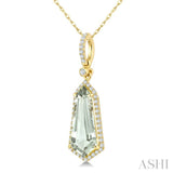 16X7 MM Evoque Gemstone Shield Shape Green Amethyst and 1/5 Ctw Round Cut Diamond Semi-Precious Pendant With Chain in 10K Yellow Gold