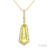 16X7 MM Evoque Gemstones Shield Shape Lemon Quartz and 1/5 Ctw Round Cut Diamond Semi-Precious Pendant With Chain in 10K Yellow Gold