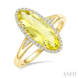 16X6 MM Evoque Gemstones Oval Shape Lemon Quartz and 1/6 Ctw Round Cut Diamond Semi-Precious Ring in 10K Yellow Gold