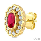 5X3 MM Oval Shape Ruby and 1/5 Ctw Round Cut Diamond Bold Precious Earrings in 10K Yellow Gold