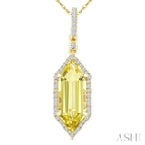 16X6 MM Evoque Gemstones Hexagon Shape Lemon Quartz and 1/5 Ctw Round Cut Diamond Semi-Precious Pendant With Chain in 10K Yellow Gold