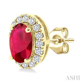5X3 MM Oval Shape Ruby and 1/8 Ctw Round Cut Diamond Halo Precious Stud Earrings in 14K Yellow Gold
