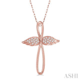 1/10 Ctw Twisted Cross Angel Wings Round Cut Diamond Pendant With Chain in 10K Rose Gold