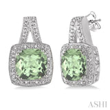 8x8 MM Cushion Shape Green Amethyst and 1/20 Ctw Single Cut Diamond Earrings in Sterling Silver