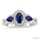 6x4MM Oval Cut and 5x3 MM Pear Cut Sapphire and 1/4 Ctw Round Cut Diamond 3-Stone Precious Ring in 10K White Gold