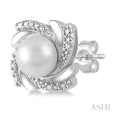 6x6 MM Round Shape Cultured Pearls and 1/50 Ctw Swirl Round Cut Diamond Earrings in Sterling Silver