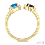 6X4 MM Emerald Cut Blue Topaz and Pear Cut Amethyst and 1/5 Ctw Open Toi Et Moi Round Cut Diamond Halo Fashion Ring in 14K Yellow Gold