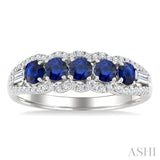 3.1 MM Round Sapphire and 1/4 Ctw Baguette and Round Cut Diamond 5-Stone Precious Ring in 14K White Gold