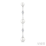 4 MM, 5 MM & 6 MM Round Shape Cultured Pearls and 1/10 Ctw Round Cut Diamond Station Long Earrings in 14K White Gold