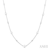 1/8 Ctw 3 MM Cultured Pearl and Round Cut Diamond Station Necklace in 14K White Gold