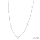 1/8 Ctw 3 MM Cultured Pearl and Round Cut Diamond Station Necklace in 14K White Gold