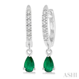 1/8 Ctw Round Cut Diamond & 5x3 MM Pear Cut Emerald Petite Fashion Huggie Earrings in 10K White Gold