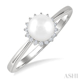 6 MM Round Shape Cultured Pearl and 1/10 Ctw Petite Round Cut Diamond Floral Halo Fashion Ring in 10K White Gold