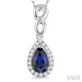 6x4 MM Pear Shape Sapphire and 1/10 Ctw Round Cut Diamond Pendant in 14K White Gold with Chain