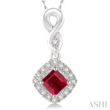 4x4 MM Cushion Shape Ruby and 1/10 Ctw Round Cut Diamond Pendant in 10K White Gold with Chain