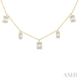 1/2 ctw Dangle Fusion Baguette and Round Cut Diamond Station Necklace in 10K Yellow Gold