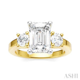 1/2 Ctw Tri-Mount Emerald Shape Center Round Cut Diamond Semi-Mount Engagement Ring in 14K Yellow and White Gold