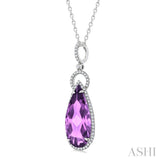 22X10 MM Evoque Gemstones Pear Shape Amethyst and 1/3 Ctw Round Cut Diamond Halo Semi-Precious Pendant With Chain in 14K White Gold