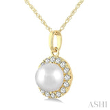 5 MM White Cultured Pearl and 1/20 Ctw Round Cut Diamond Halo Pendant With Chain in 10K Yellow Gold