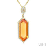 26X10 MM Evoque Gemstone Hexagon Shape Citrine and 1/2 Ctw Round Cut Diamond Halo Semi-Precious Pendant With Chain in 14K Yellow Gold
