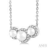1/8 Ctw Past, Present & Future 4MM & 3MM Cultured Pearl and Round Cut Diamond Halo Pendant With Chain in 14K White Gold